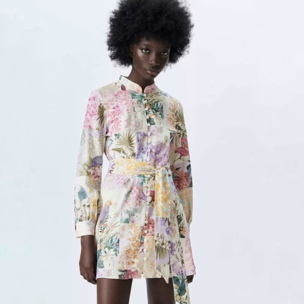 Women’s Zara Patchwork Floral Parrot Print Belted Short  Linen Blend Dress Large